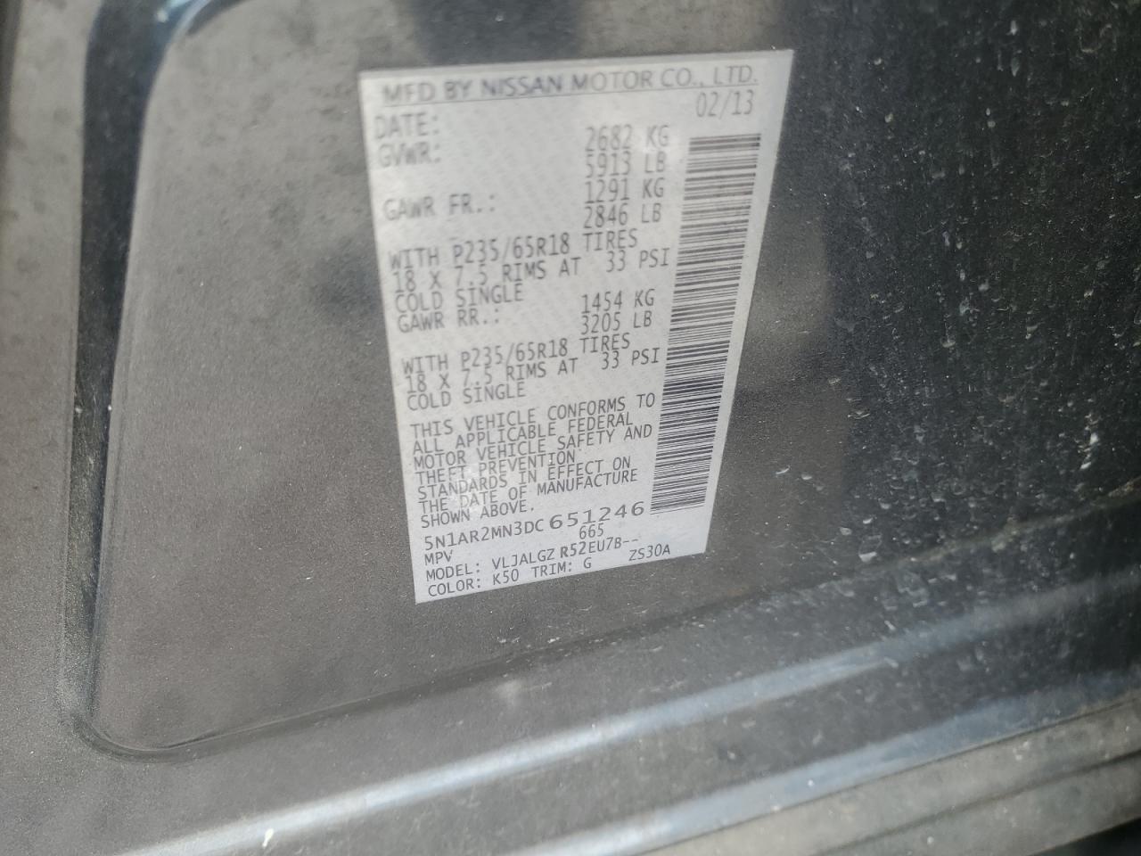 2013 Nissan Pathfinder VIN 5N1AR2MN3DC651246 Copart auction photo, side damage thumbnail 13