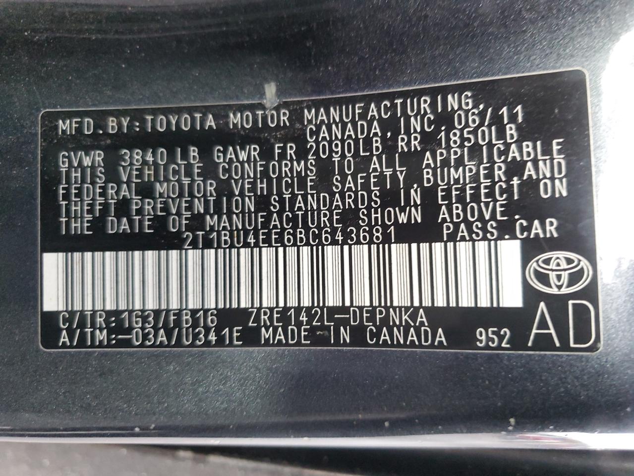 2011 Toyota Corolla VIN 2T1BU4EE6BC643681 Copart auction photo, front end / rear end damage thumbnail 13