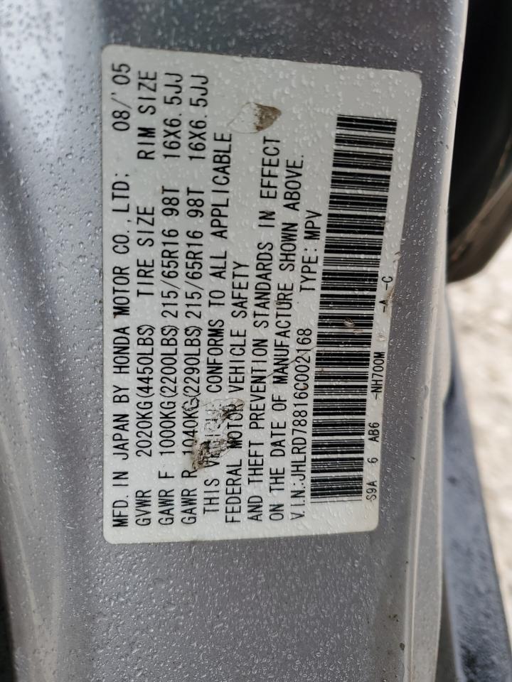 2006 Honda CR-V VIN JHLRD78816C002168 Copart auction photo, mechanical damage thumbnail 13