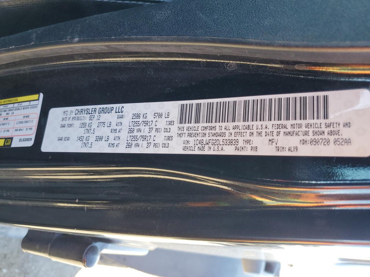 2013 Jeep Wrangler VIN 1C4BJWFG2DL533839 Copart auction photo, front end / frame damage damage thumbnail 13