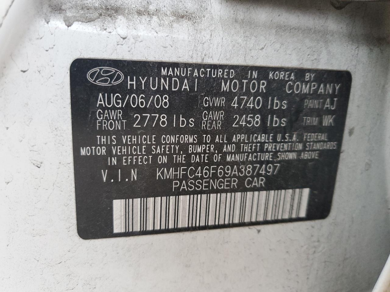 2009 Hyundai Azera VIN KMHFC46F69A387497 Copart auction photo, front end / side damage thumbnail 13