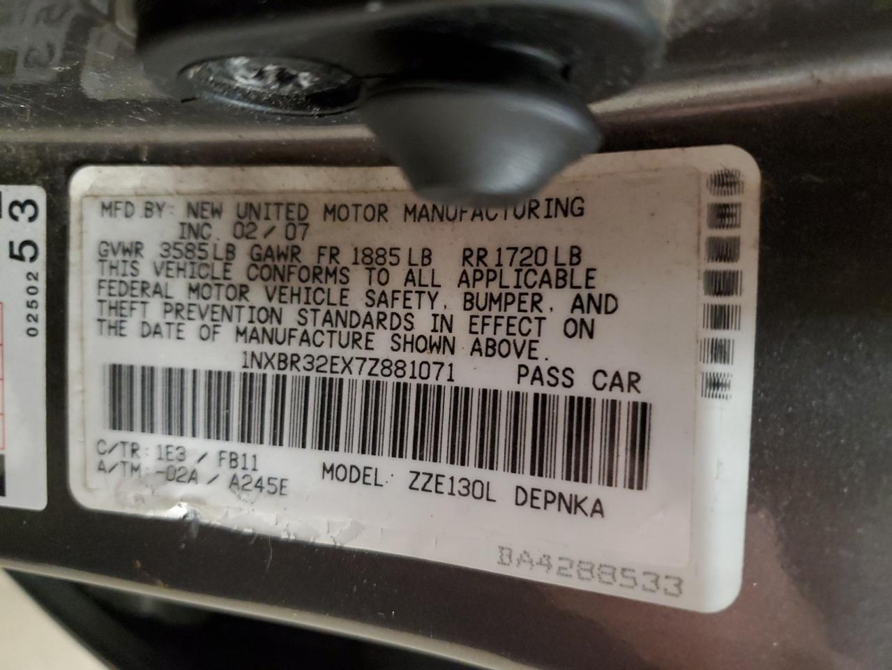 2007 Toyota Corolla VIN 1NXBR32EX7Z881071 Copart auction photo, side damage thumbnail 12