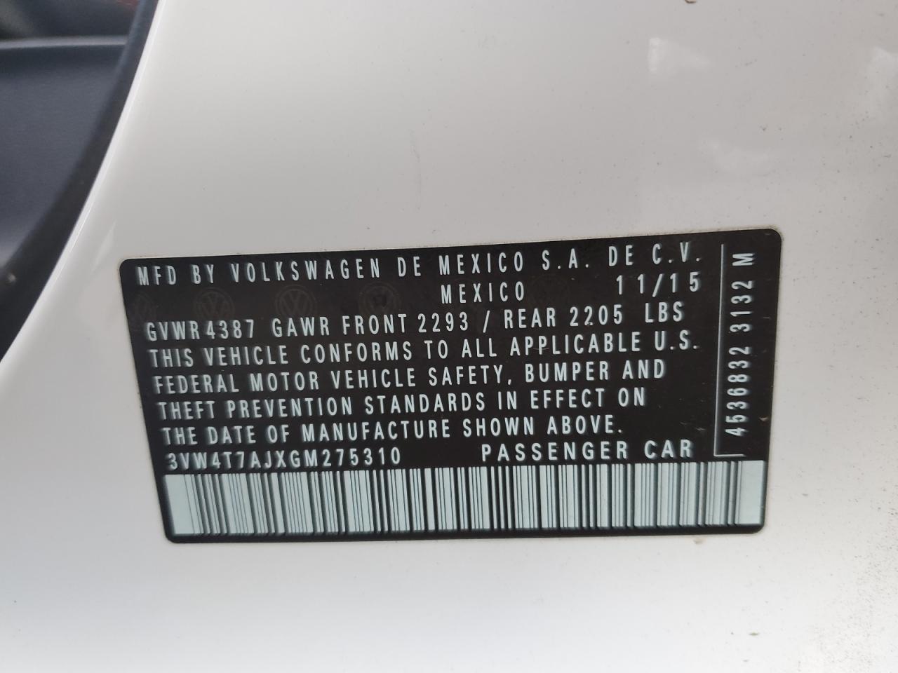 2016 Volkswagen Jetta VIN 3VW4T7AJXGM275310 Copart auction photo, front end / side damage thumbnail 13