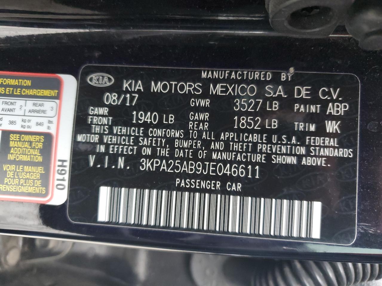 2018 KIA Rio VIN 3KPA25AB9JE046611 Copart auction photo, mechanical damage thumbnail 12