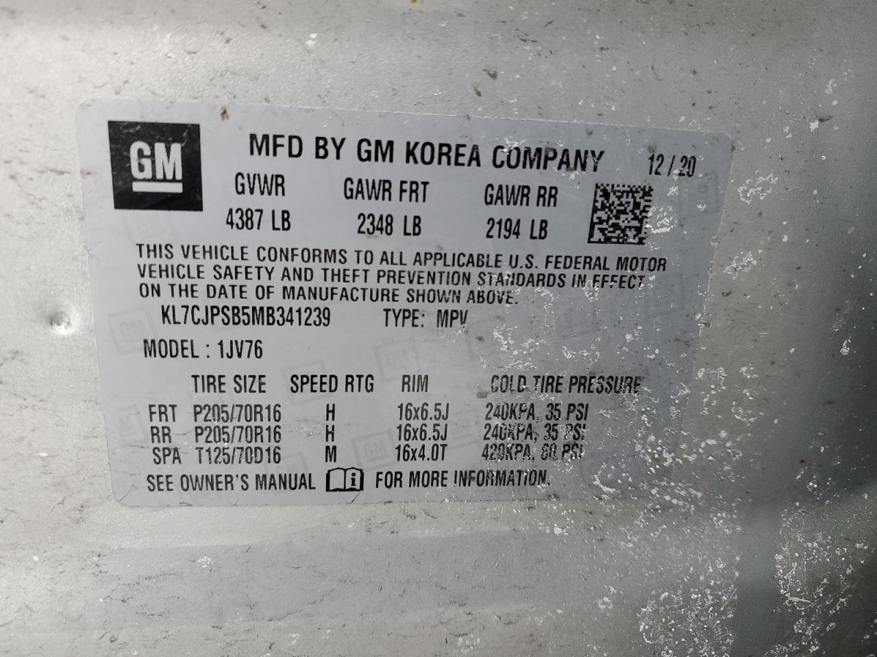 2021 Chevrolet Trax VIN KL7CJPSB5MB341239 Copart auction photo, side / rear end damage thumbnail 14