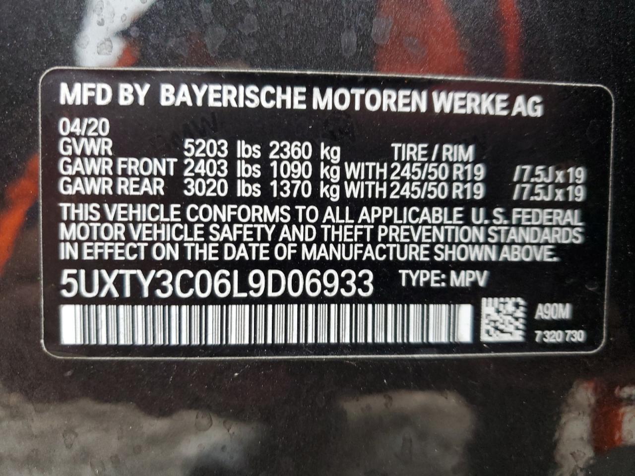 2020 BMW X3 VIN 5UXTY3C06L9D06933 Copart auction photo, rear end / mechanical damage thumbnail 13
