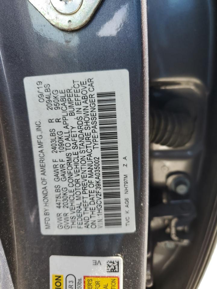 2019 Honda Accord VIN 1HGCV2F39KA035002 Copart auction photo, front end damage thumbnail 12