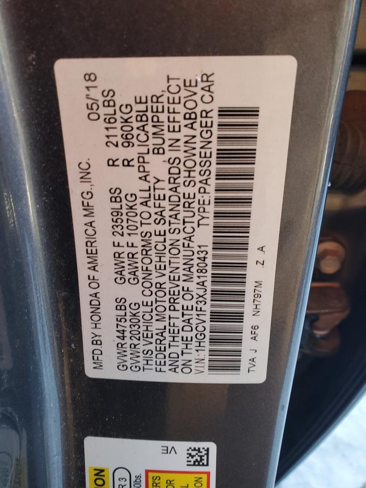 2018 Honda Accord VIN 1HGCV1F3XJA180431 Copart auction photo, rear end damage thumbnail 12