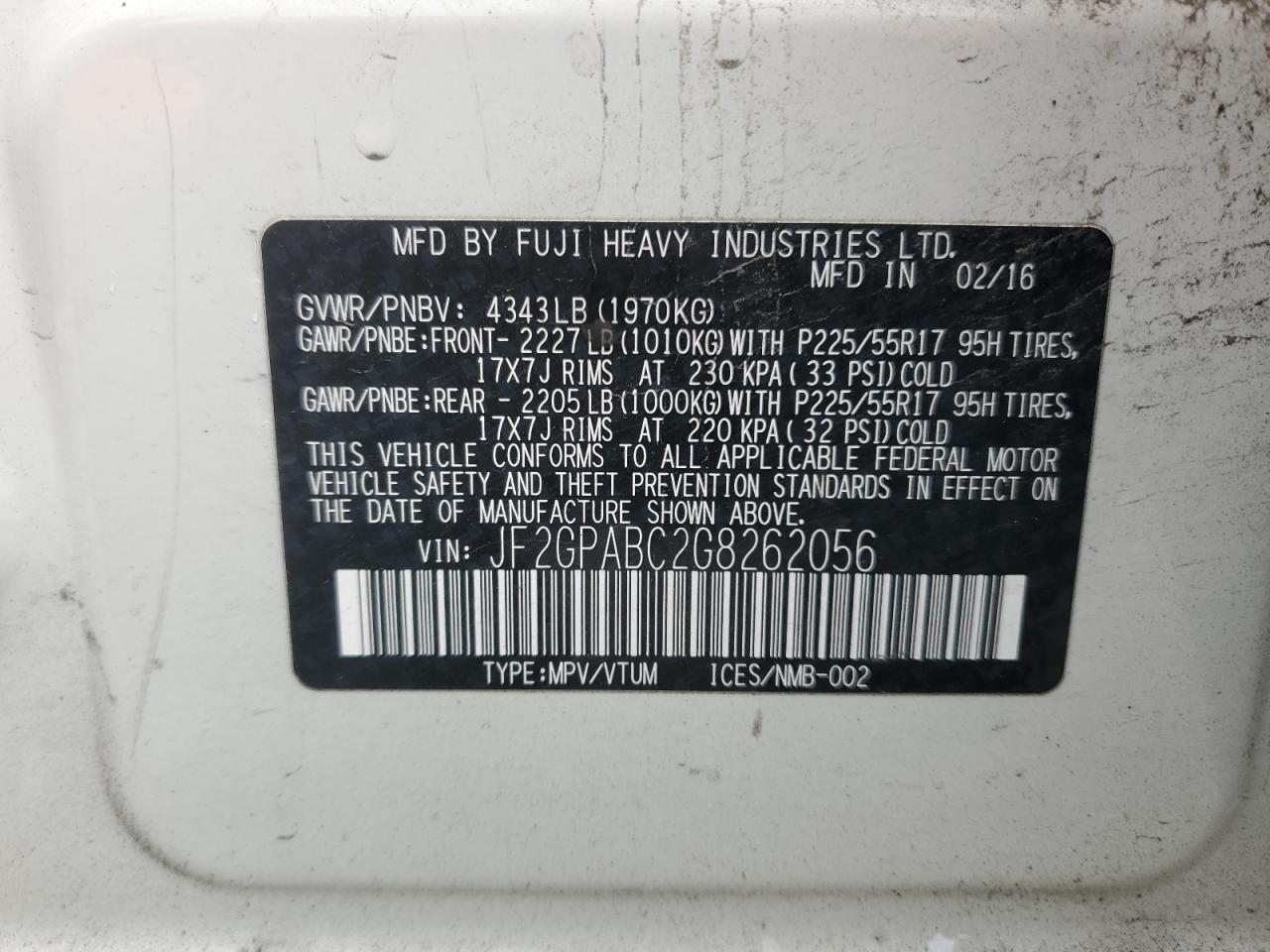 2016 Subaru XV VIN JF2GPABC2G8262056 Copart auction photo, front end / all over damage thumbnail 16