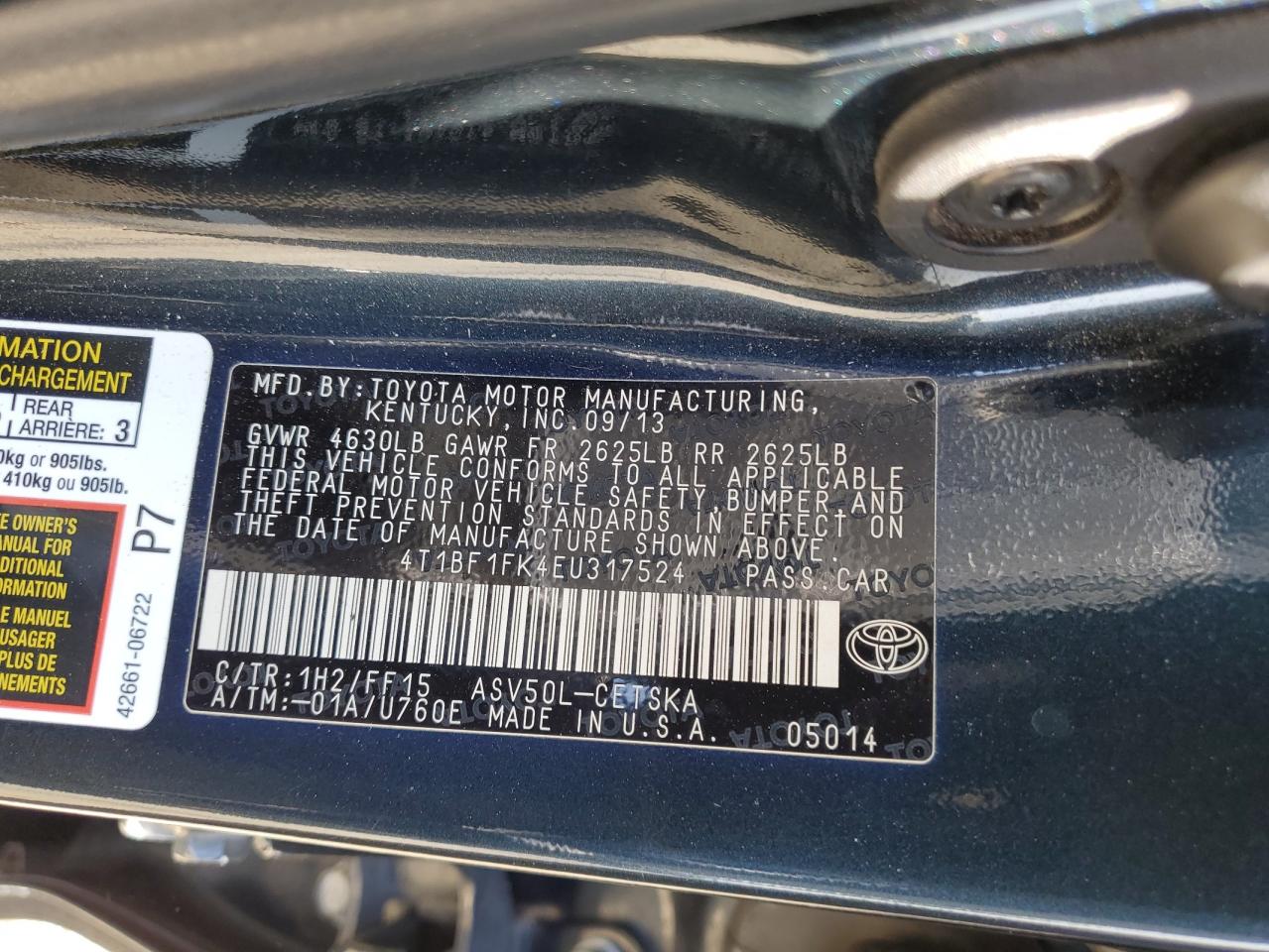 2014 Toyota Camry VIN 4T1BF1FK4EU317524 Copart auction photo, side / rear end damage thumbnail 12
