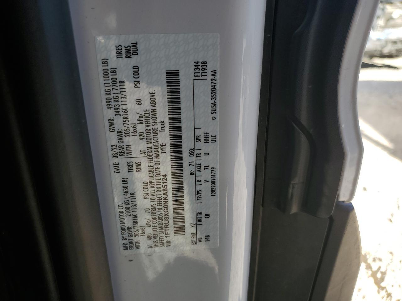2022 Ford Transit VIN 1FTRU8XG0NKA85124 Copart auction photo, rear end / front end damage thumbnail 14