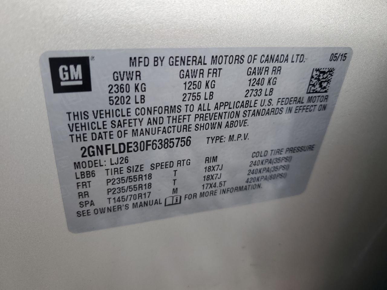 2015 Chevrolet Equinox VIN 2GNFLDE30F6385756 Copart auction photo, front end / undercarriage damage thumbnail 16