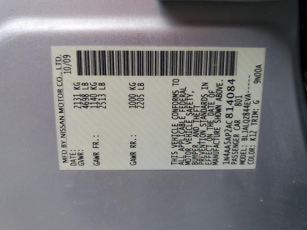 2010 Nissan Maxima VIN 1N4AA5AP2AC814084 Copart auction photo, water/flood damage thumbnail 13