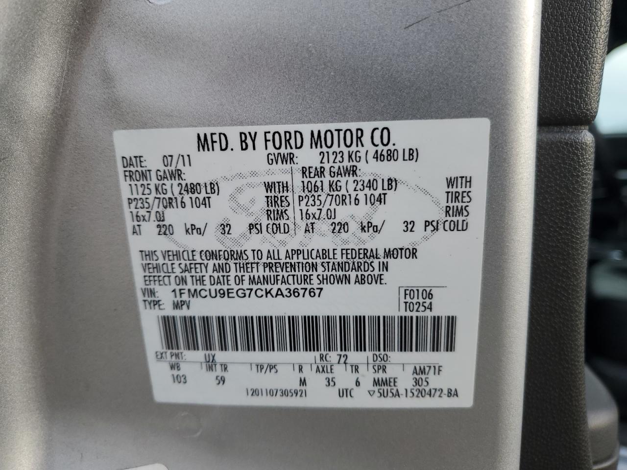 2012 Ford Escape VIN 1FMCU9EG7CKA36767 Copart auction photo, front end damage thumbnail 13