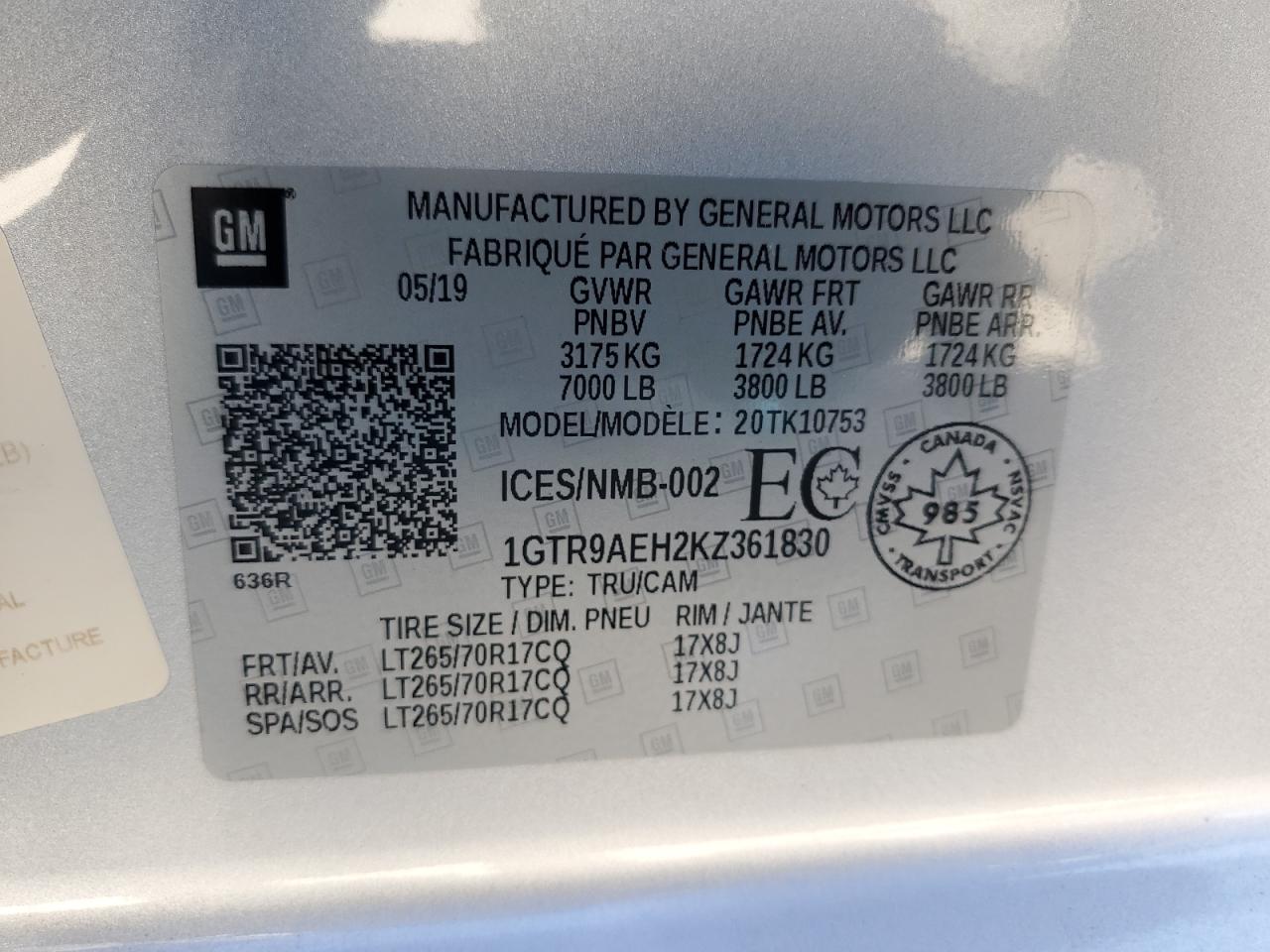 2019 GMC Sierra VIN 1GTR9AEH2KZ361830 Copart auction photo, front end / minor dent/scratches damage thumbnail 14