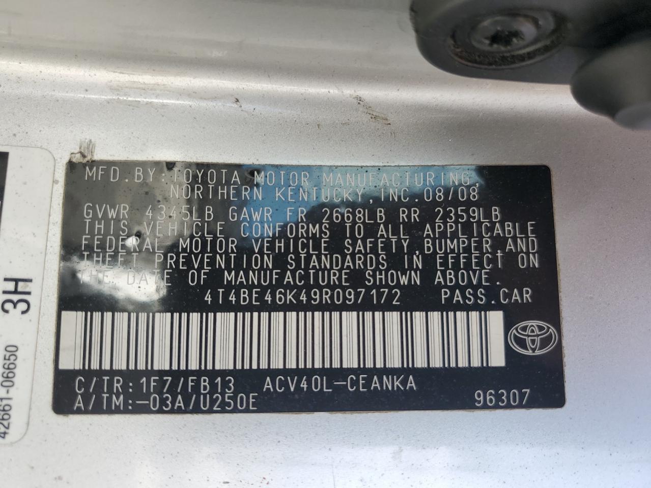 2009 Toyota Camry VIN 4T4BE46K49R097172 Copart auction photo, all over damage thumbnail 15