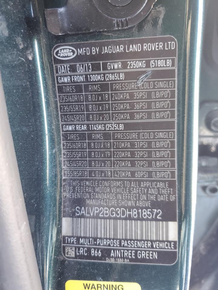 2013 Land Rover Range Rover VIN SALVP2BG3DH818572 Copart auction photo, rear end / side damage thumbnail 14