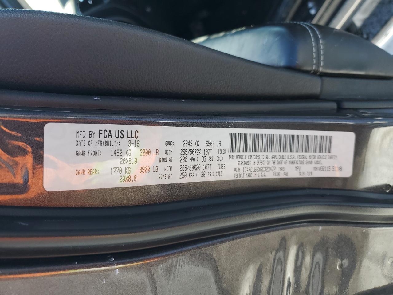 2016 Dodge Durango VIN 1C4RDJEGXGC323472 Copart auction photo, side damage thumbnail 13