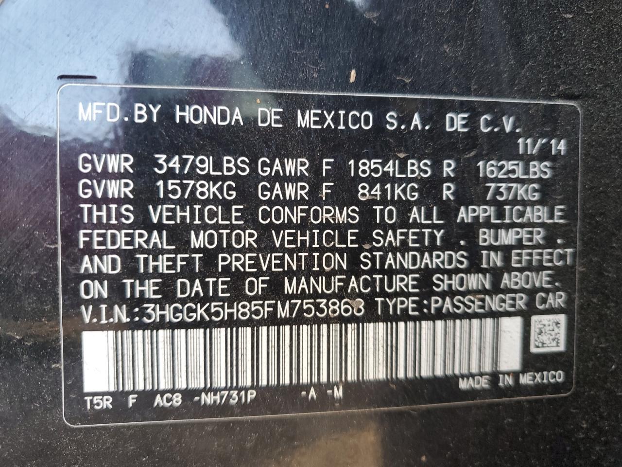 2015 Honda Fit VIN 3HGGK5H85FM753868 Copart auction photo, water/flood / minor dent/scratches damage thumbnail 12
