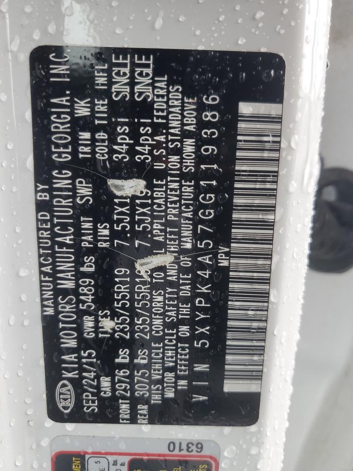 2016 KIA Sorento VIN 5XYPK4A57GG119386 Copart auction photo, front end / side damage thumbnail 14