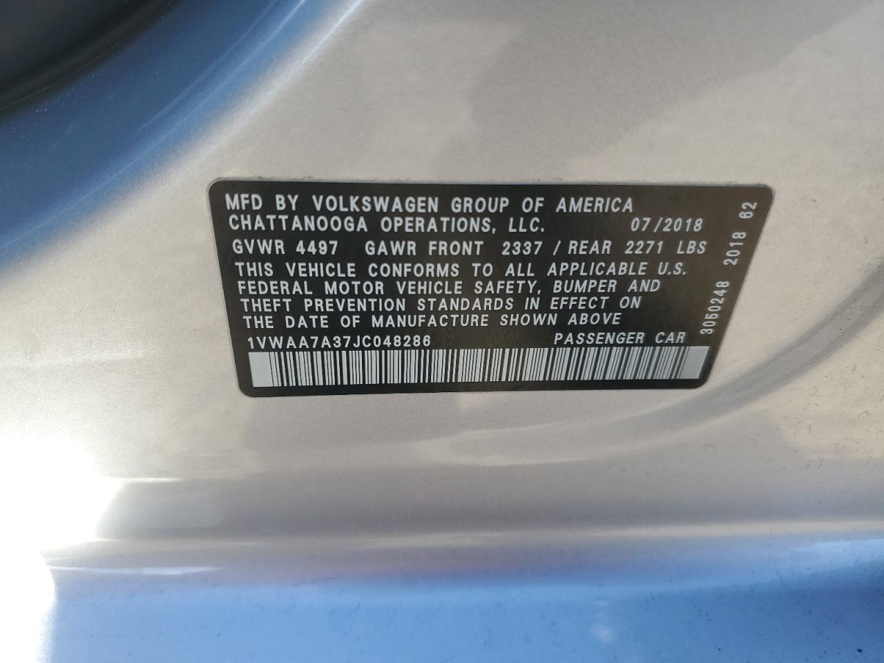 2018 Volkswagen Passat VIN 1VWAA7A37JC048286 Copart auction photo, undercarriage / rear end damage thumbnail 12