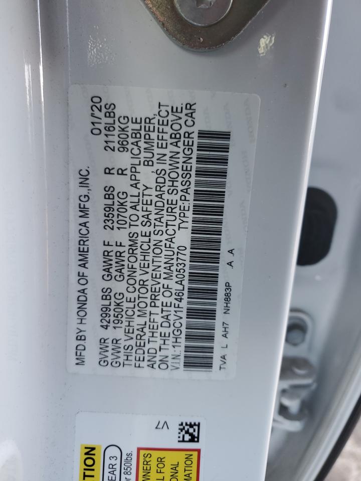 2020 Honda Accord VIN 1HGCV1F46LA053770 Copart auction photo, side / rear end damage thumbnail 14