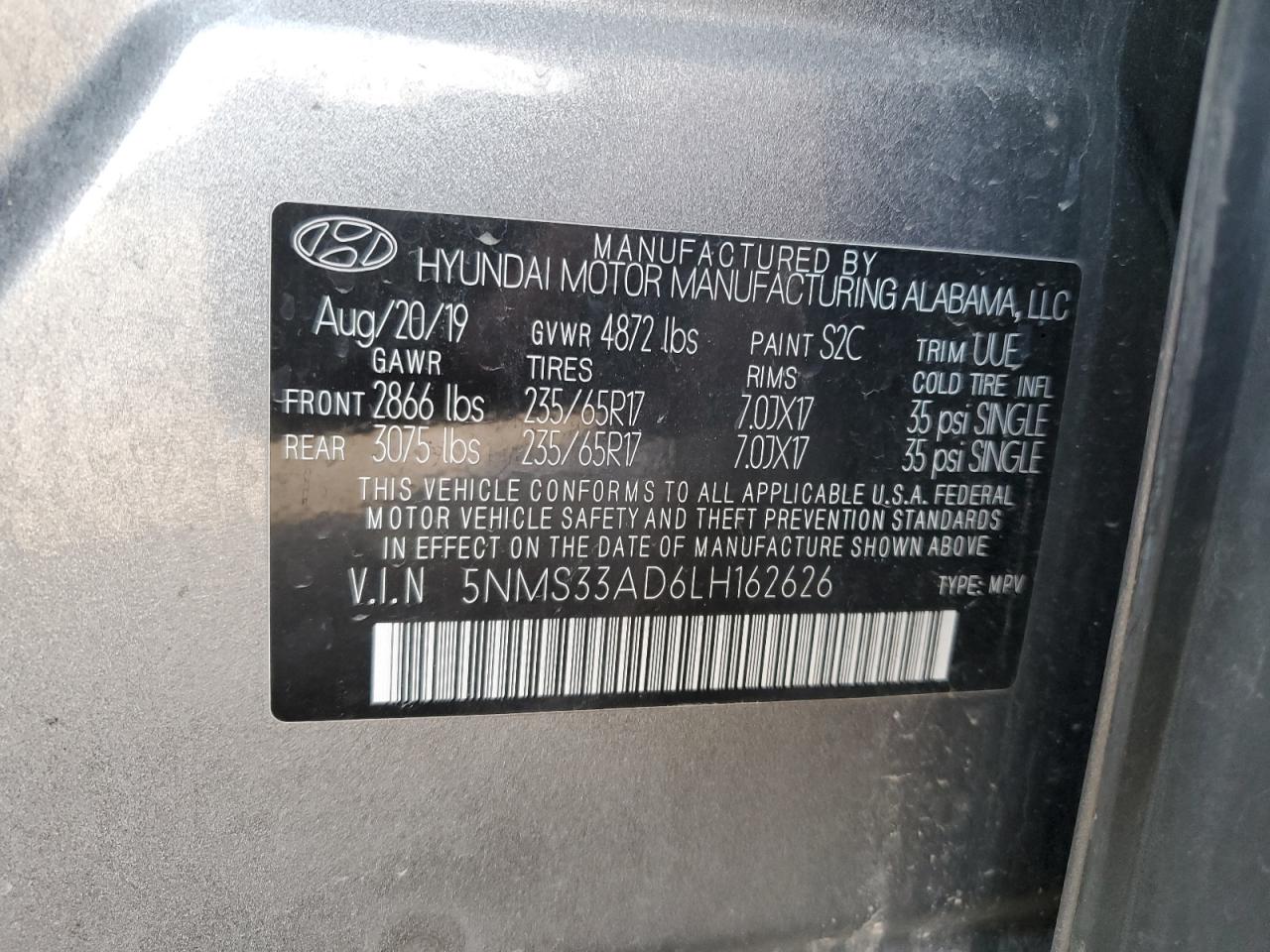 2020 Hyundai Santa Fe VIN 5NMS33AD6LH162626 Copart auction photo, front end / minor dent/scratches damage thumbnail 13