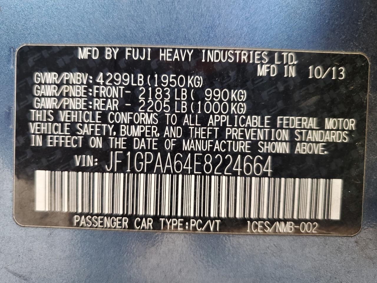 2014 Subaru Impreza VIN JF1GPAA64E8224664 Copart auction photo, side / rear end damage thumbnail 12