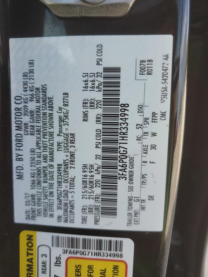 2017 Ford Fusion VIN 3FA6P0G71HR334998 Copart auction photo, front end / minor dent/scratches damage thumbnail 14