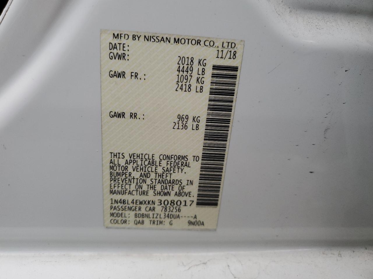 2019 Nissan Altima VIN 1N4BL4EWXKN308017 Copart auction photo, front end / minor dent/scratches damage thumbnail 14