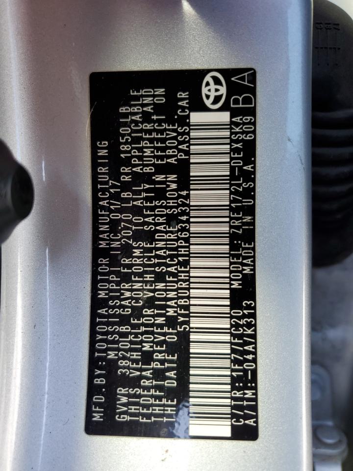 2017 Toyota Corolla VIN 5YFBURHE1HP634324 Copart auction photo, water/flood damage thumbnail 13