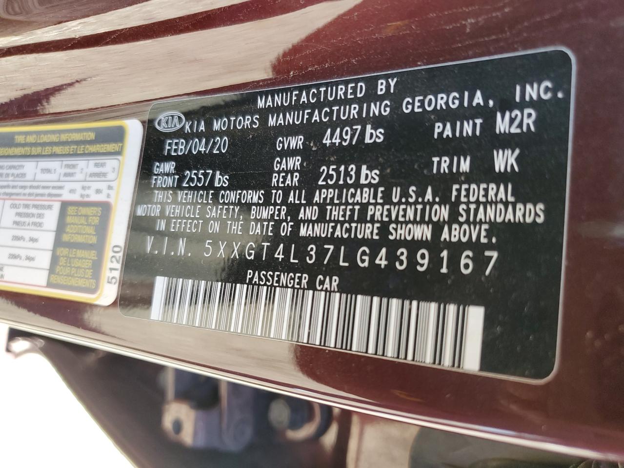 2020 KIA Optima VIN 5XXGT4L37LG439167 Copart auction photo, side / rear end damage thumbnail 13