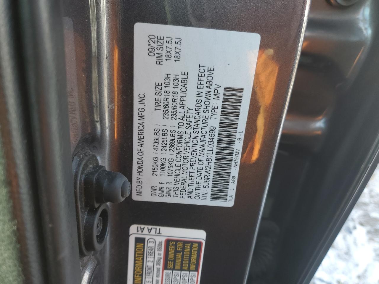 2020 Honda CR-V VIN 5J6RW2H81LL034599 Copart auction photo, front end damage thumbnail 14