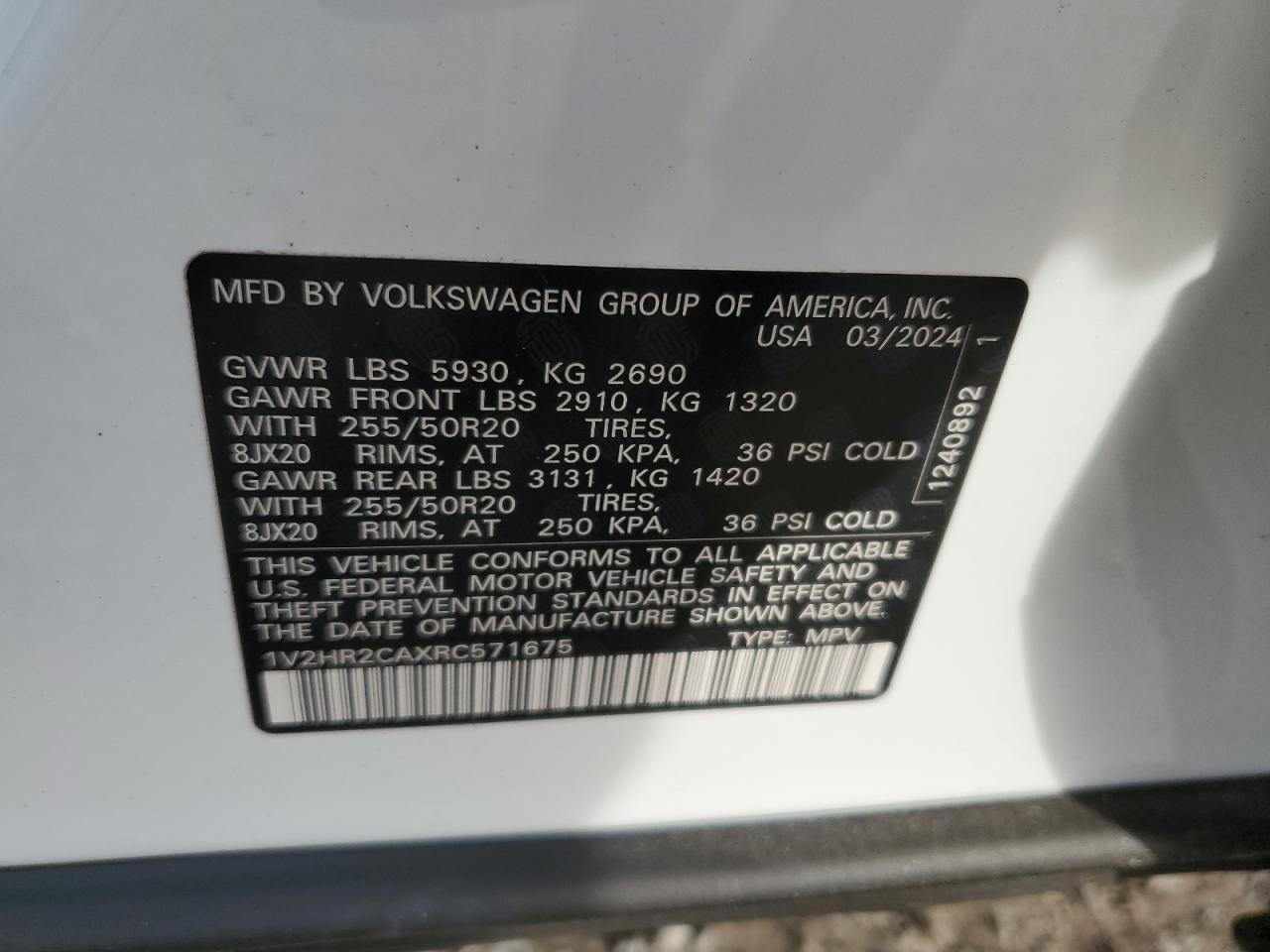 2024 Volkswagen Atlas VIN 1V2HR2CAXRC571675 Copart auction photo, side damage thumbnail 13