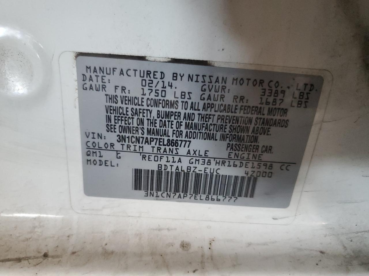 2014 Nissan Versa VIN 3N1CN7AP7EL866777 Copart auction photo, side / minor dent/scratches damage thumbnail 14
