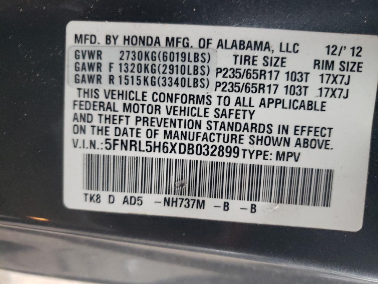 2013 Honda Odyssey VIN 5FNRL5H6XDB032899 Copart auction photo, front end damage thumbnail 13
