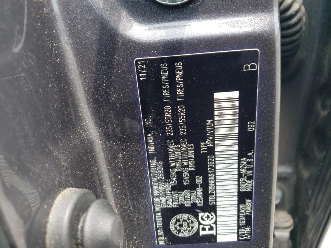 2022 Toyota Highlander VIN 5TDLZRBH6NS173620 Copart auction photo, front end / rear end damage thumbnail 16