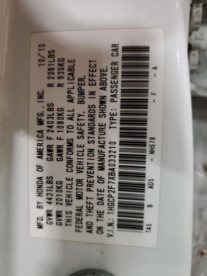 2011 Honda Accord VIN 1HGCP2F7XBA033210 Copart auction photo, front end / side damage thumbnail 13