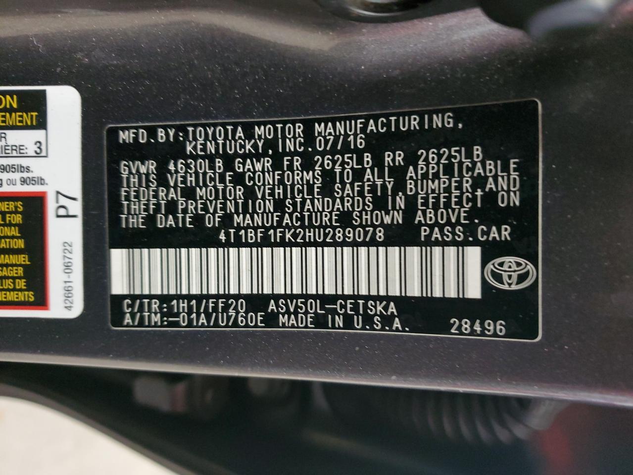 2017 Toyota Camry VIN 4T1BF1FK2HU289078 Copart auction photo, minor dent/scratches damage thumbnail 12