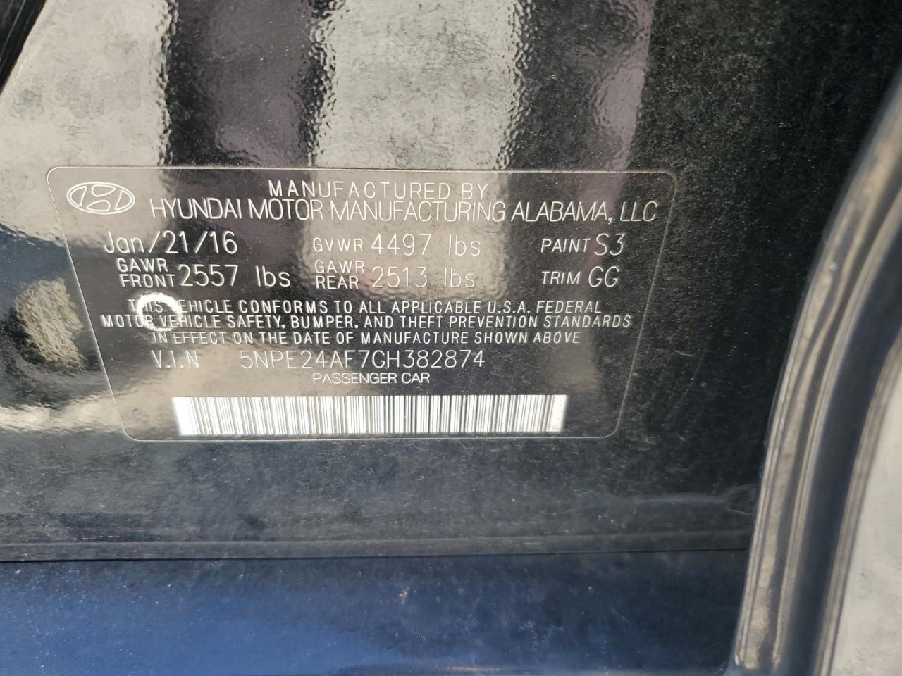 2016 Hyundai Sonata VIN 5NPE24AF7GH382874 Copart auction photo, front end damage thumbnail 12