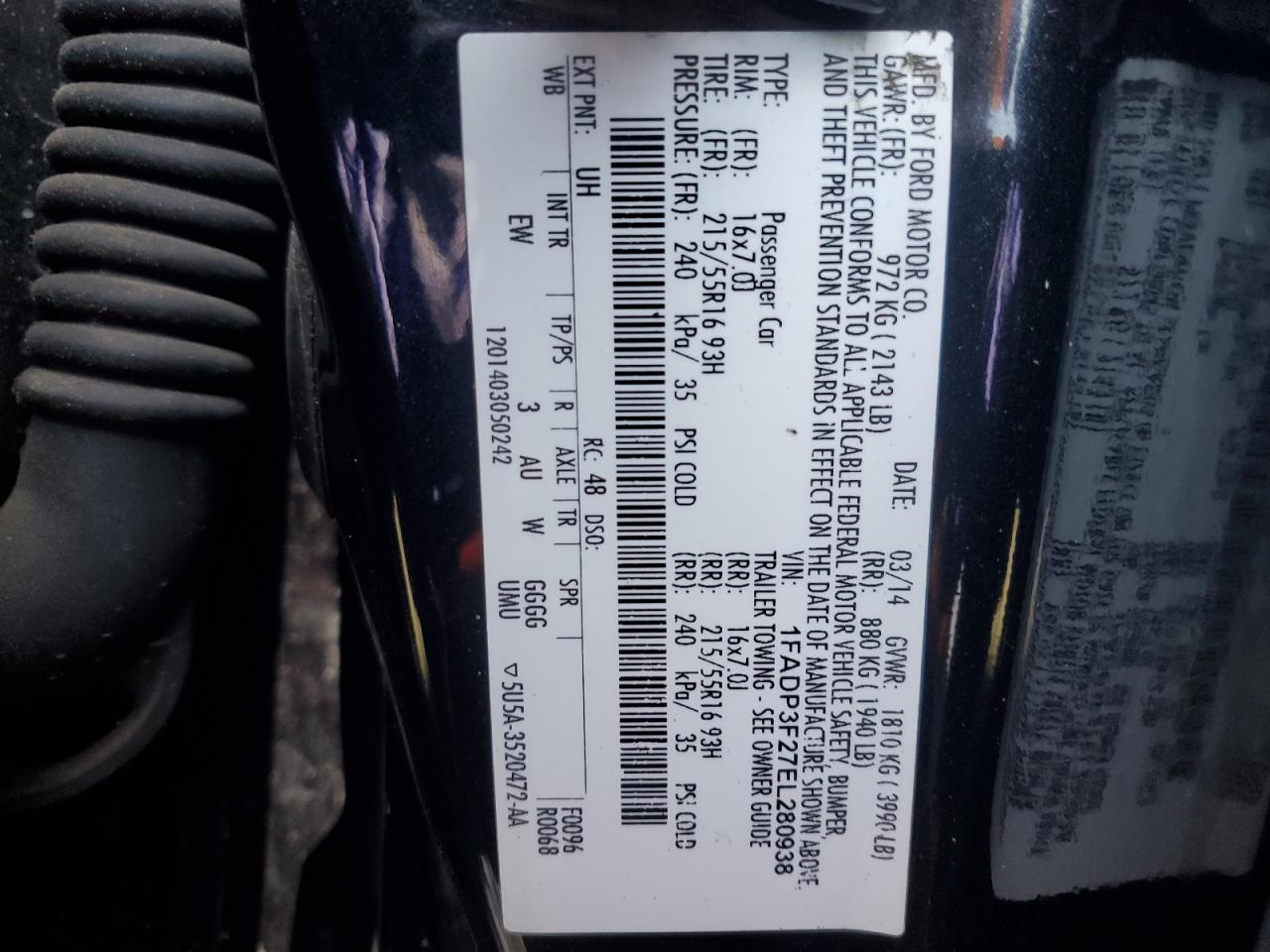 2014 Ford Focus VIN 1FADP3F27EL280938 Copart auction photo, side / front end damage thumbnail 14