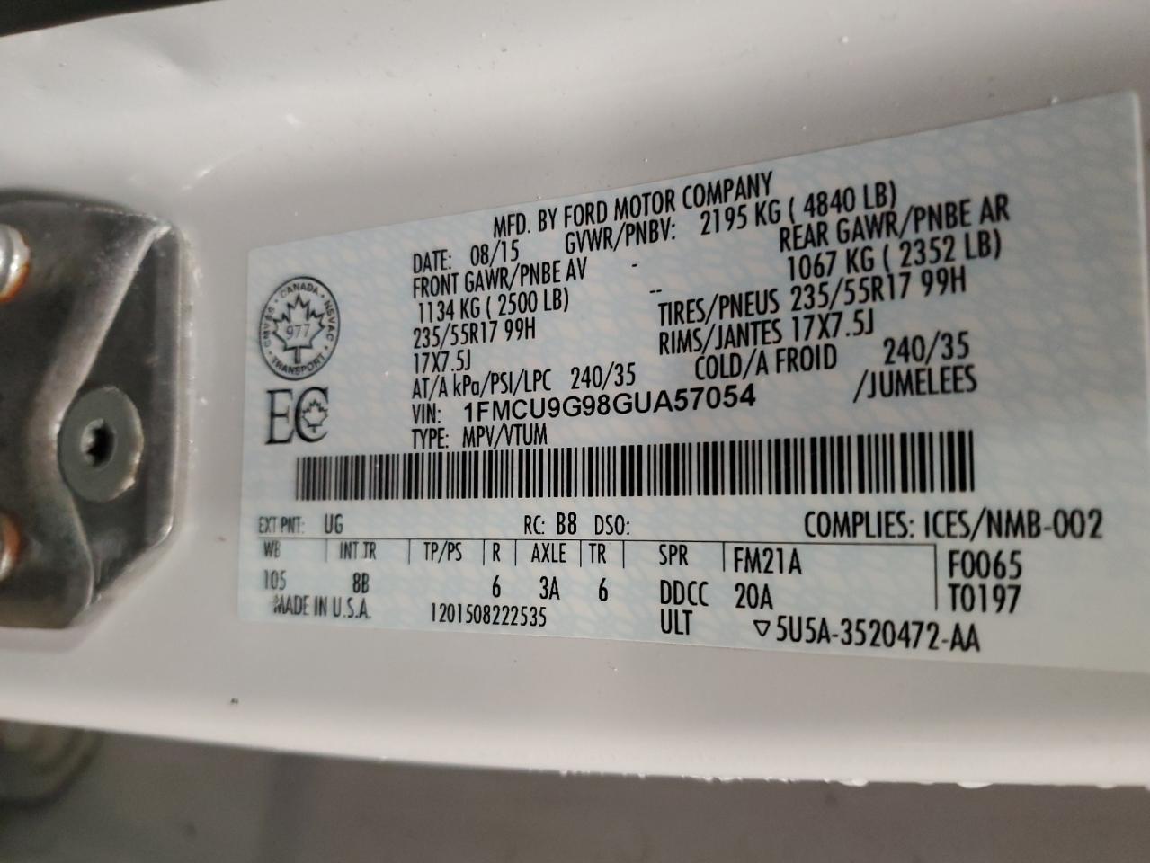 2016 Ford Escape VIN 1FMCU9G98GUA57054 Copart auction photo, front end damage thumbnail 13