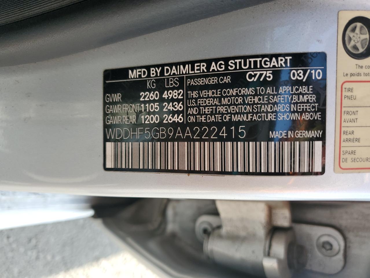 2010 Mercedes-Benz E-klasse VIN WDDHF5GB9AA222415 Copart auction photo, front end / rear end damage thumbnail 12