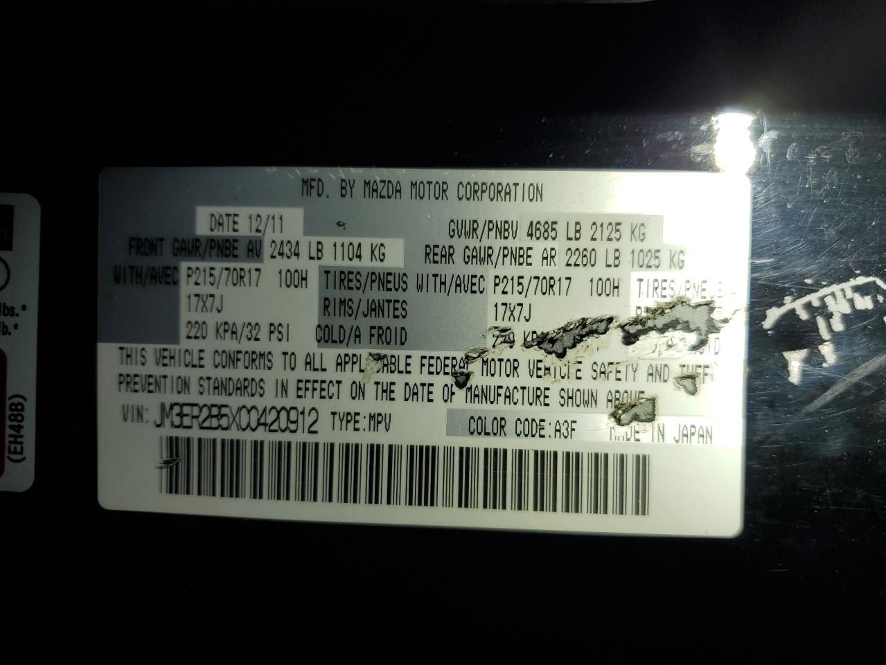 2012 Mazda CX-7 VIN JM3ER2B5XC0420912 Copart auction photo, front end / rear end damage thumbnail 15