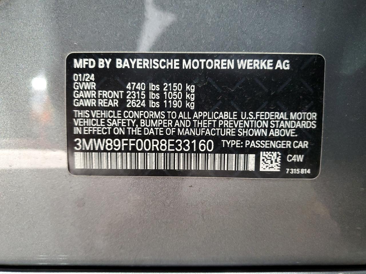 2024 BMW 3er VIN 3MW89FF00R8E33160 Copart auction photo, front end damage thumbnail 12