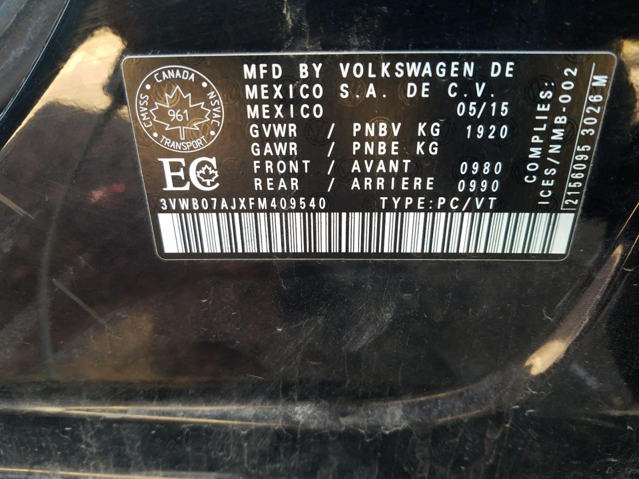 2015 Volkswagen Jetta VIN 3VWB07AJXFM409540 Copart auction photo, all over damage thumbnail 12