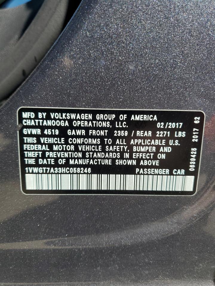 2017 Volkswagen Passat VIN 1VWGT7A33HC058246 Copart auction photo, front end damage thumbnail 14