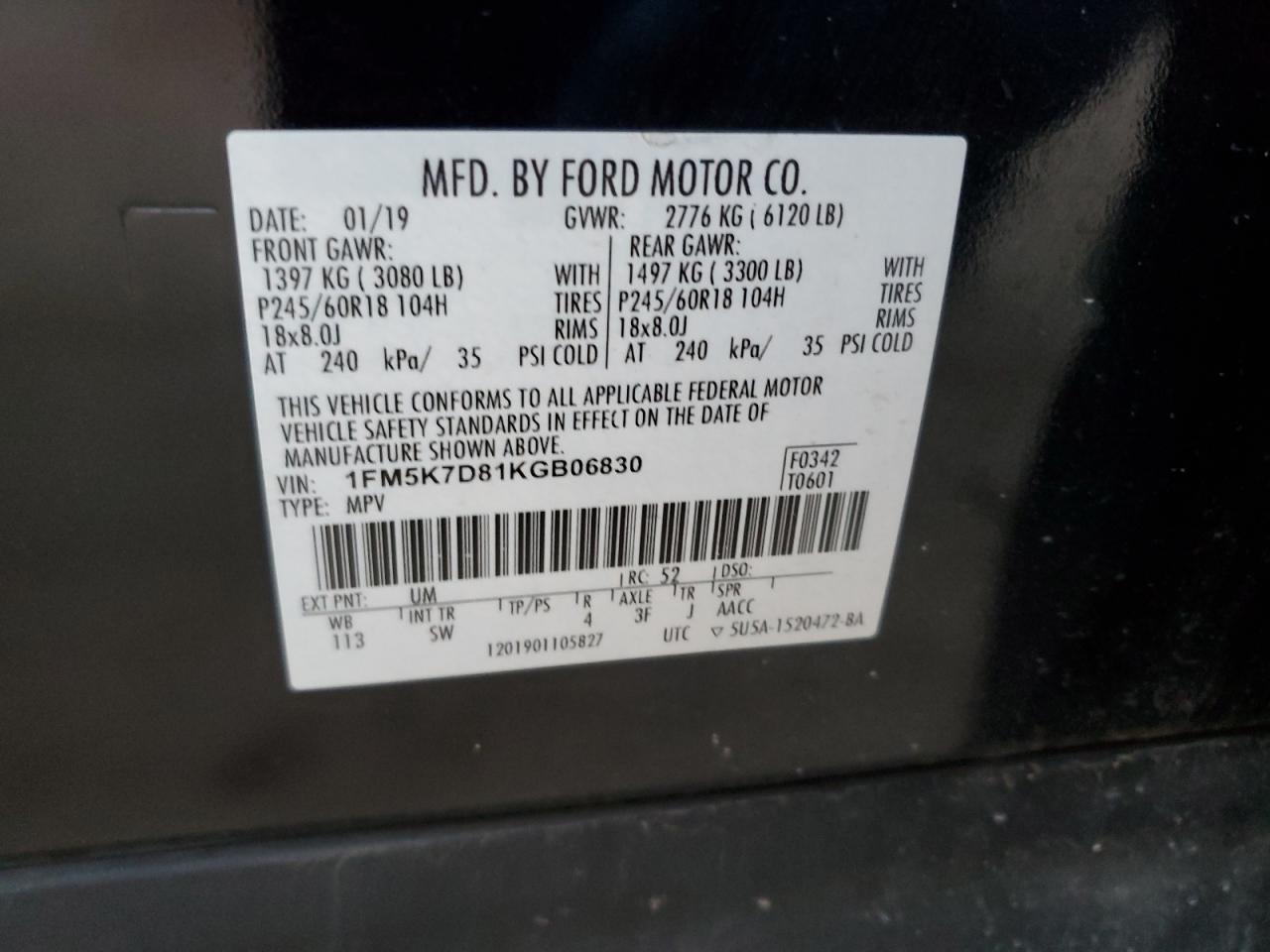 2019 Ford Explorer VIN 1FM5K7D81KGB06830 Copart auction photo, front end damage thumbnail 14