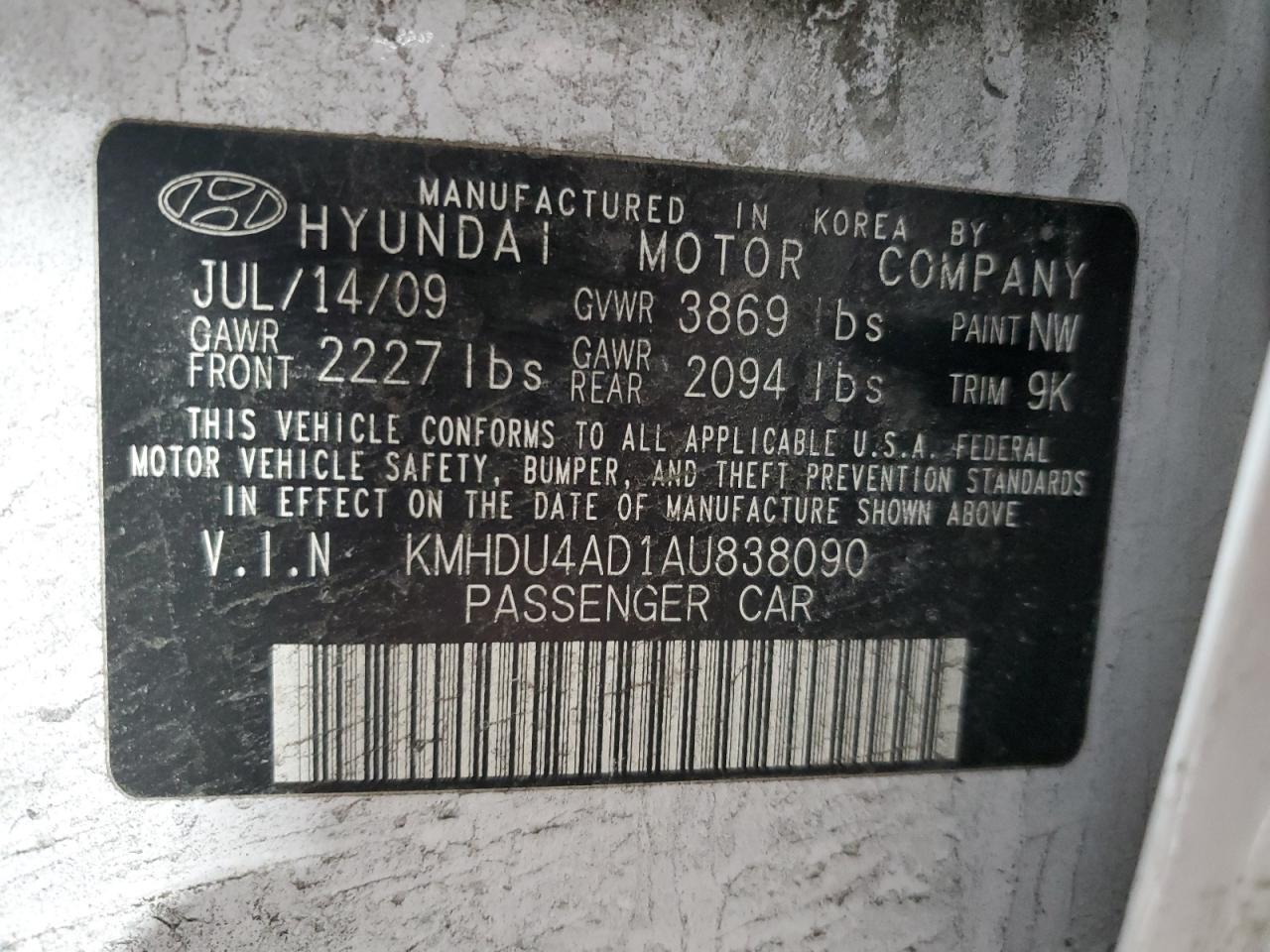 2010 Hyundai Elantra VIN KMHDU4AD1AU838090 Copart auction photo, rear end / minor dent/scratches damage thumbnail 13