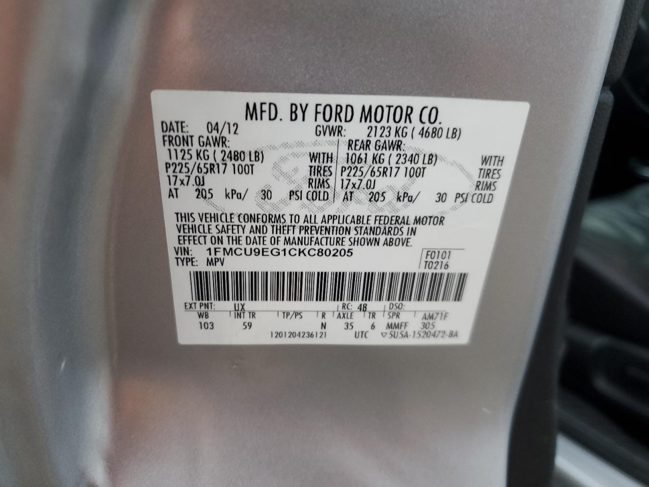 2012 Ford Escape VIN 1FMCU9EG1CKC80205 Copart auction photo, front end damage thumbnail 13